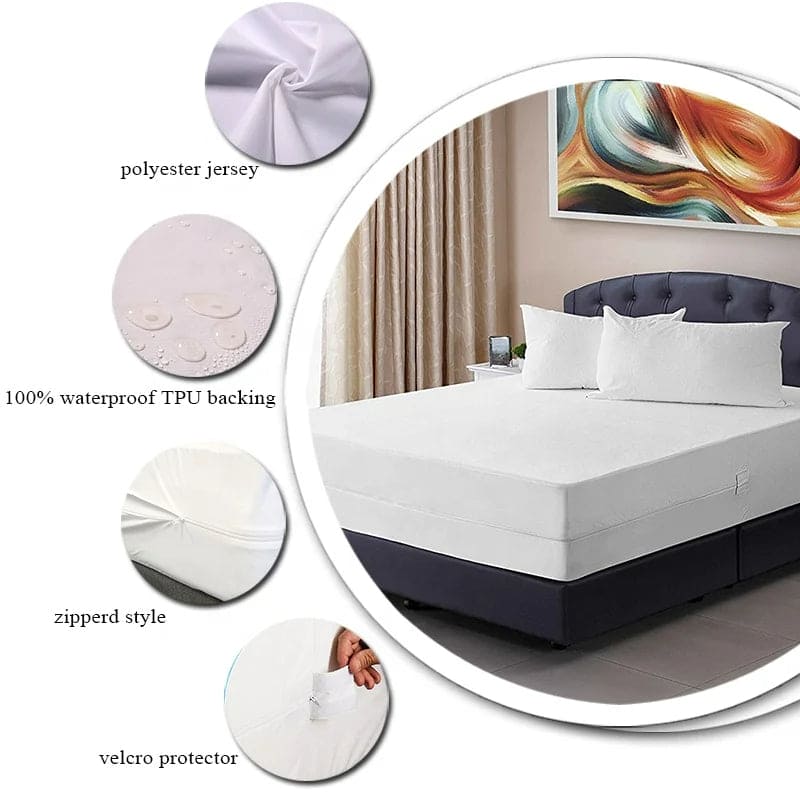 ZIPPERED STYLE, PLAIN WHITE SOLID WATERPROOF MATTRESS PROTECTOR, {5 PCS PER CASE}