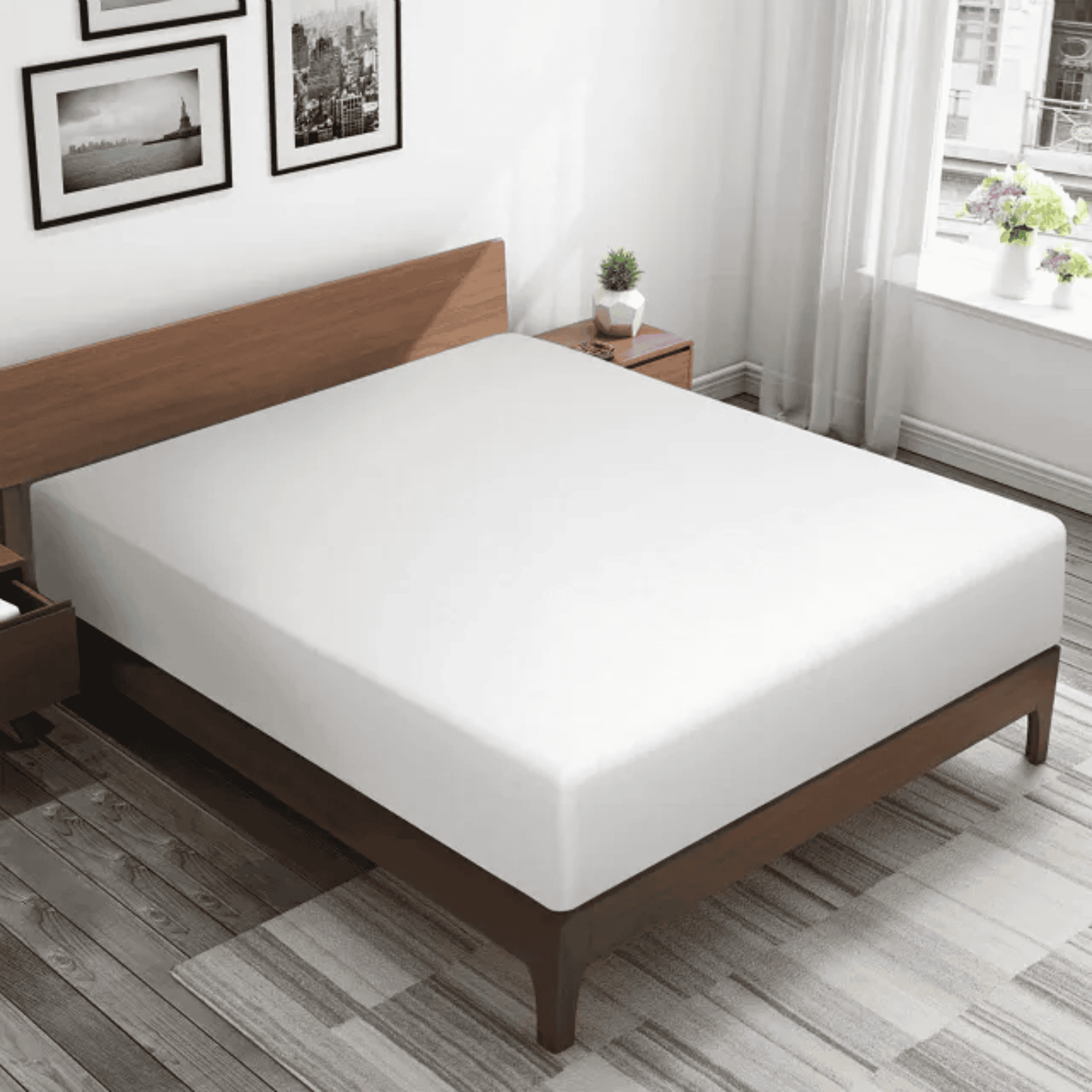 DELUXE FITTED BED SHEETS, SOLID WHITE, ELASTIC ALL AROUND {300 THREAD COUNT, 60% COTTON 40% POLYESTER}