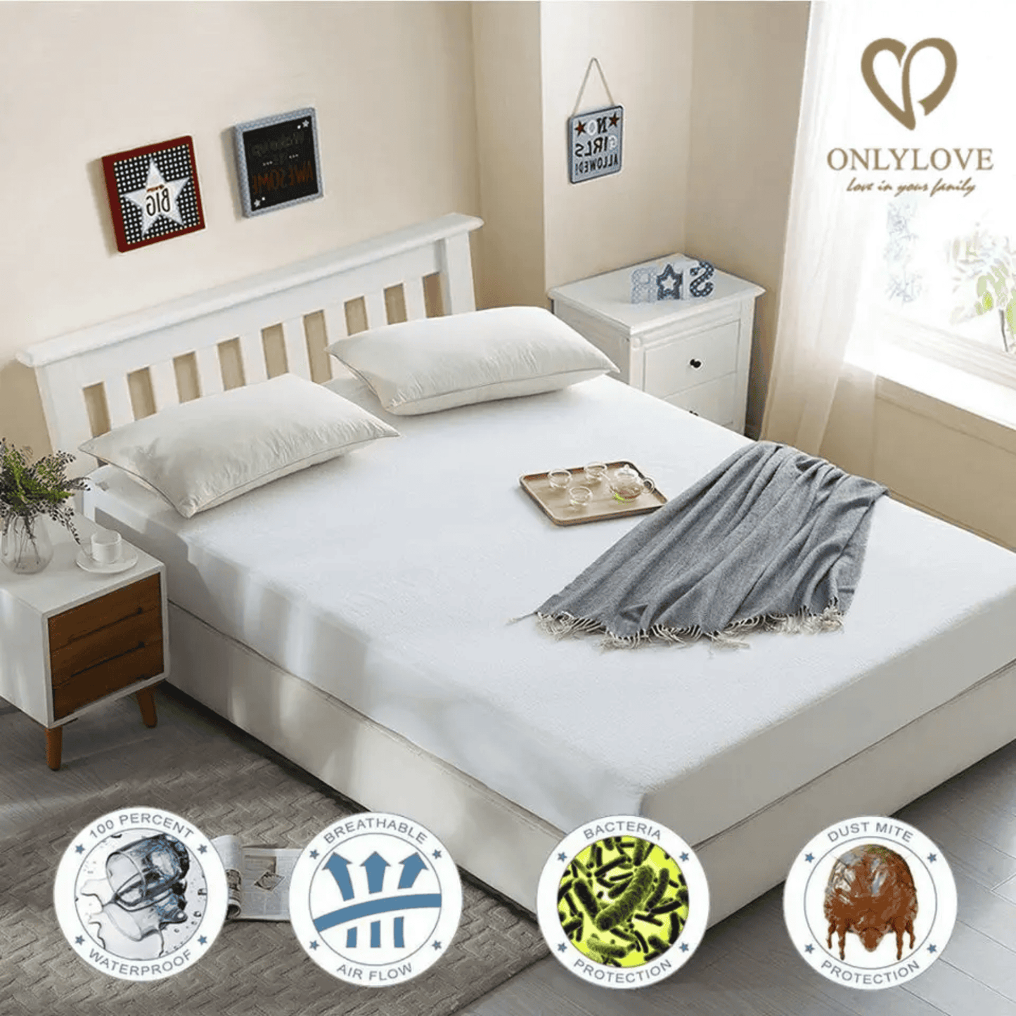 PLAIN WHITE SOLID WATERPROOF MATTRESS PROTECTOR, FITTED STYLE ELASTIC ALL AROUND {5 PCS PER CASE}